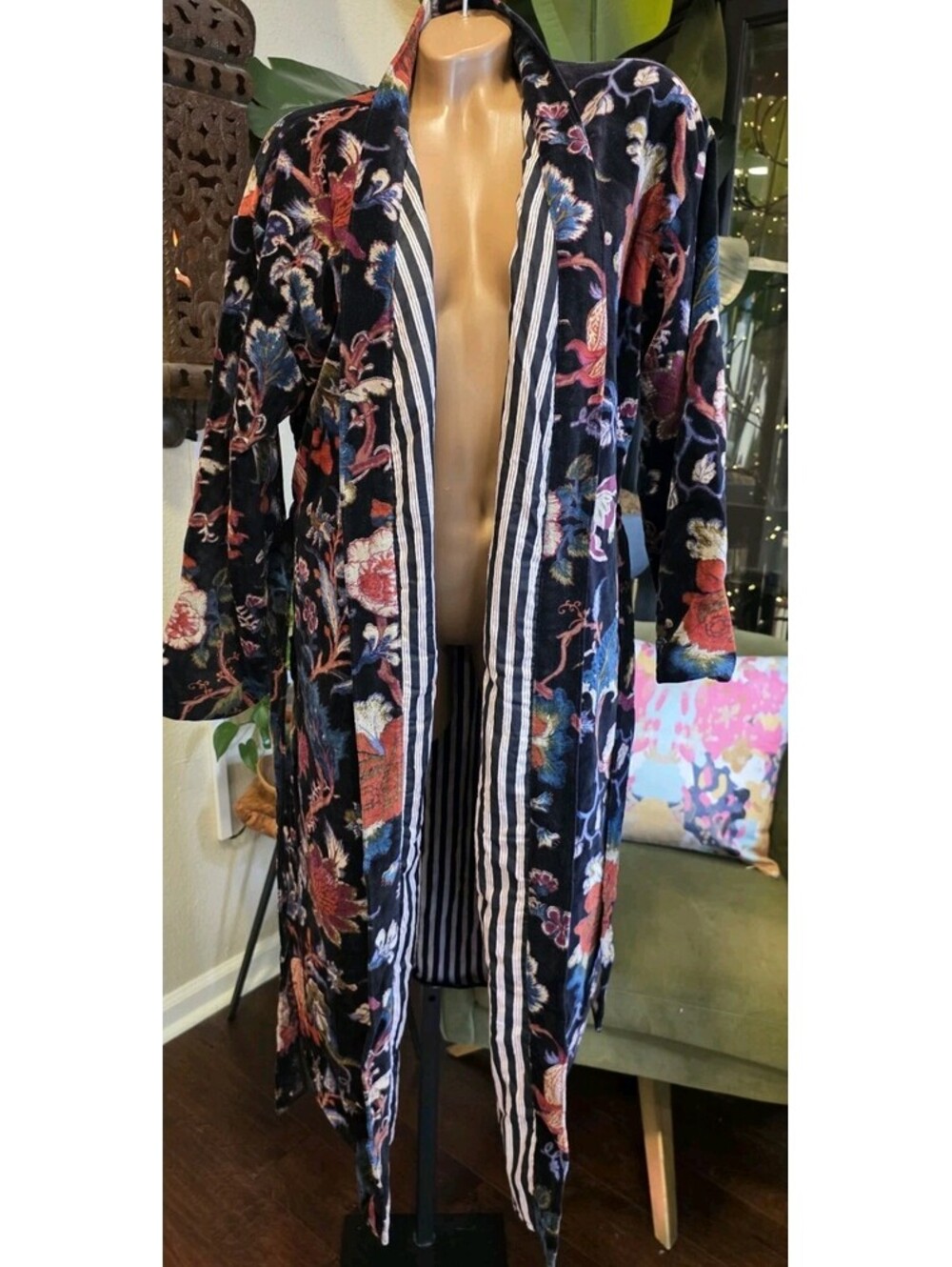 Luxury Black Velvet Kimono Boho Robe Floral Print Long Duster Jacket Stripe